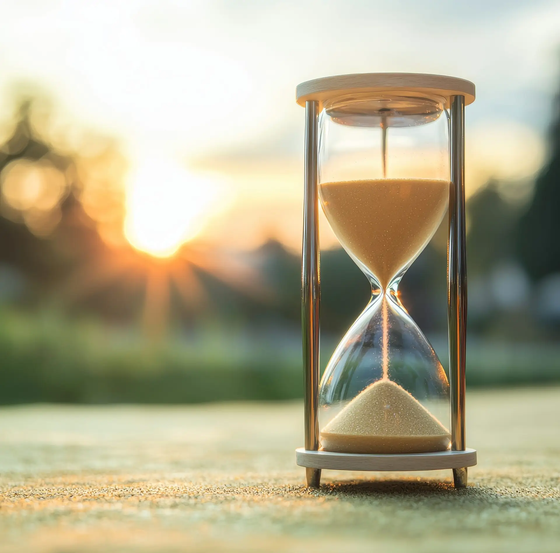 Hourglass at sunset symbolizes the passage of time and reflection. Time management work life balance motivation. sablier départ en retraite